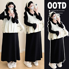 批发实拍2025孕妇装冬季潮妈穿搭赫本风气质复古荷叶边针织孕妇套装