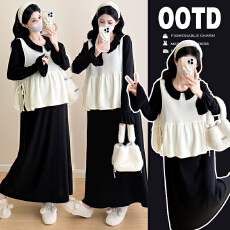 批发实拍2025孕妇装秋冬潮妈穿搭气质复古针织荷叶边孕妇连衣裙套装