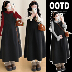 批发实拍2025秋冬新品孕妇长袖花瓣打底衫+毛呢背心长裙潮妈孕妇套装