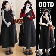 批发实拍2025秋冬孕妇新品针织花瓣打底衫+毛呢背心长裙潮妈孕妇套装