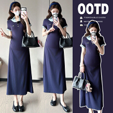 批发实拍有货 2026年夏季时尚新款翻领<b class='q'>拼接</b>气质孕妇短袖<b class='q'>连衣裙</b>6320