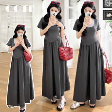 批发有货 实拍 2026孕妇装夏季新款潮流时尚撞色假两件短袖孕妇连衣裙