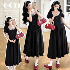 批发有货 实拍 2026夏季新品孕妇甜美少女圆领黑色短袖孕妇连衣裙