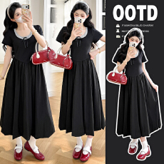 批发有货 实拍 2026夏季新品孕妇甜美休闲撞色圆领黑色短袖孕妇连衣裙