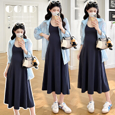 批发有货实拍2026夏季新品孕妇休闲背心长裙+防晒衬衫孕妇群两件套