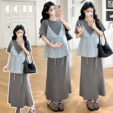 批发有货 实拍 2026夏季新品牛仔马甲上衣+短袖长裙孕妇连衣裙套装