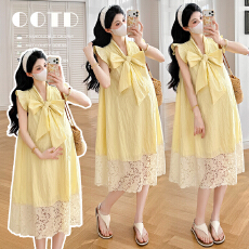 批发有货实拍2026夏季新品孕妇清新飞飞袖简约蝴蝶结甜美孕妇连衣裙