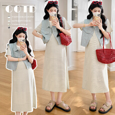 批发有货实拍 2026夏季新款条纹背心A字裙+薄款牛仔外套孕妇两件套