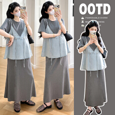 批发有货 实拍2026夏季新品孕妇牛仔马甲上衣+短袖长裙孕妇连衣裙套装