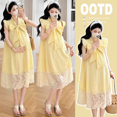 批发有货 实拍 2026<b class='q'>夏</b>季新品孕妇刺绣飞飞袖简约蝴蝶结甜美孕妇连衣裙