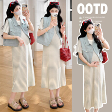 批发有货实拍 2026夏季新款条纹短袖A字裙+薄款牛仔外套孕妇两件套