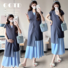 批发有货实拍2026夏季时尚新款<b class='q'>孕妇</b><b class='q'>不规则</b>V领上衣+吊带连衣裙两件套装