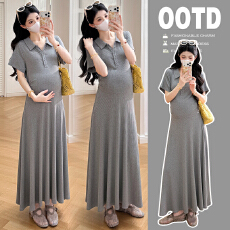 批发有货 实拍2026夏季新品<b class='q'>孕妇</b><b class='q'>翻领</b>休闲显瘦简约<b class='q'>孕妇</b><b class='q'>短袖</b>连衣裙长裙