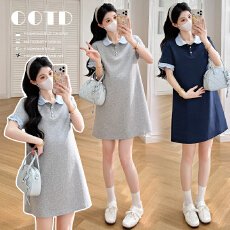 批发有货实拍2026新款韩系撞色polo领连衣裙薄款显瘦<b class='q'>孕妇</b><b class='q'>短袖</b>连衣裙