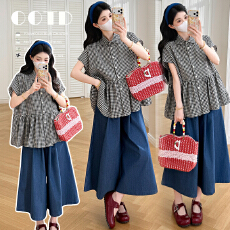 批发有货实拍2025夏装新款<b class='q'>孕妇</b><b class='q'>原宿风</b>格子短袖衬衫+牛仔裤裙<b class='q'>孕妇</b><b class='q'>套装</b>