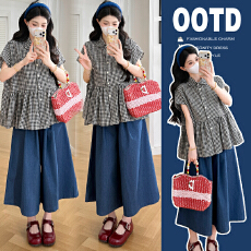 批发有货实拍2025夏季新款<b class='q'>孕妇</b><b class='q'>原宿风</b>格子短袖衬衫+薄牛仔阔腿裤套装