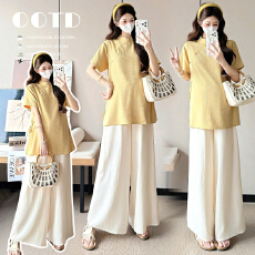 批发有货实拍2026夏季新品<b class='q'>孕妇</b><b class='q'>百搭</b>新中式短袖+宽松阔腿裤两件套装