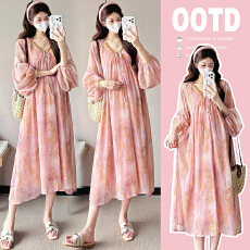 批发有货实拍2026夏季新品孕妇度假风V领印花雪纺宽松长袖孕妇连衣裙