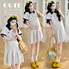 批发实拍~2026夏季新品孕妇小清新撞色短袖孕妇<b class='q'>连衣裙</b>宽松显瘦Polo裙