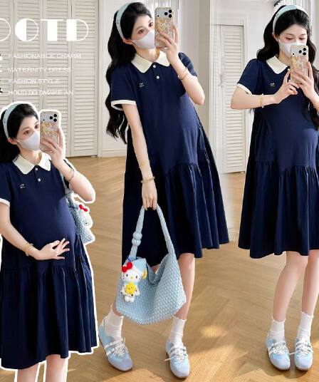 실사 2026 임산부 드레스 여름 새로운 해군 POLO 칼라 반팔 루즈핏 빅 사이즈 슬림해 보이는 드레스