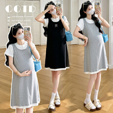 批发实拍2026夏季新款孕妇拼接<b class='q'>假两件</b>宽松显瘦刺绣中长款短袖<b class='q'>连衣裙</b>