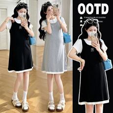 批发实拍2026新款夏季孕妇短袖拼接<b class='q'>假两件</b>宽松中长款气质短袖<b class='q'>连衣裙</b>