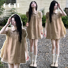批发孕妇夏季2026新款小个子休闲小众裙子气质泡泡袖娃娃领孕妇连衣裙