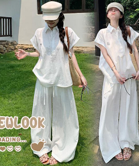재고 있음 재고 있음 임산부 2026 여름 신제품 POLO 칼라 한국 스타일 셔츠 와이드 레그 팬츠 임산부 세트