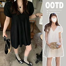 批发孕妇 绝美栀香白茶2026纯棉花边显瘦宽松V领泡泡短袖孕妇连衣裙