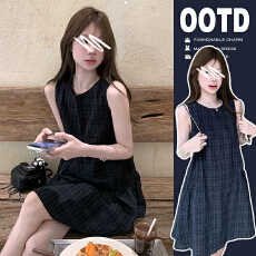 批发孕妇2026夏季新品法式复古无袖中长款背心格子宽松显瘦孕妇连衣裙