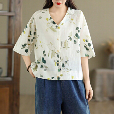 批发2026复古印花100%苎麻衬衫<b class='q'>短外套</b>女夏季薄款V领衬衣开衫外搭