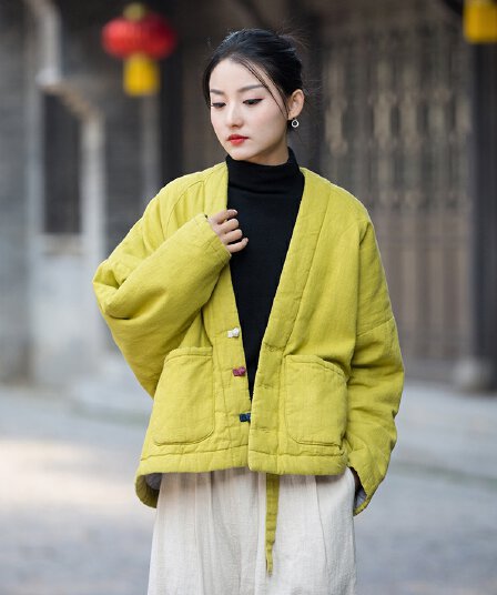 면 린넨 레트로 문예 단추 겨울 새로운 중국풍 솜을 넣은 면 의류 라미 보온 쇼트 스타일 목화 진딧물
