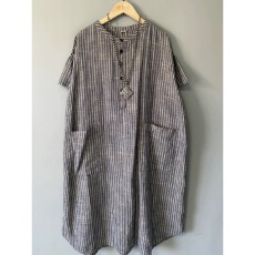 批发亚麻竖条纹半开扣短袖连衣裙女夏季宽松大码复古A版显瘦裙子