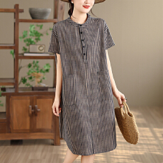 批发亚麻竖条纹半开扣短袖连衣裙女夏季宽松大码复古A版显瘦裙子
