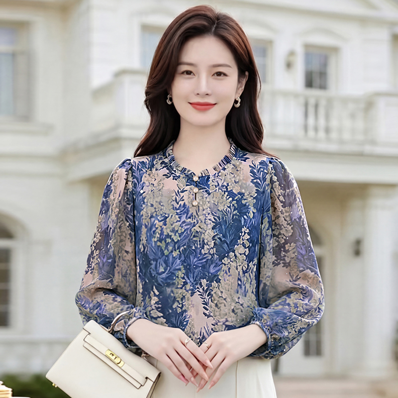 夏季新款减龄长袖印花衬衫气质大码洋气女小衫 服裝批發女裝批發服飾貨源