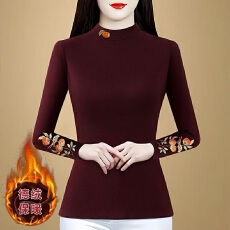 批发2026秋冬季新款长袖<b class='q'>打底衫</b>德绒半高领绣花<b class='q'>妈妈</b>装