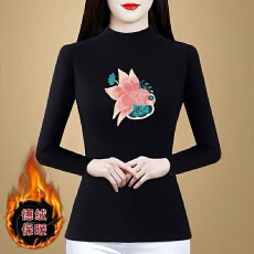 批发2026秋冬季新款长袖<b class='q'>打底衫</b>德绒半高领绣花<b class='q'>妈妈</b>装