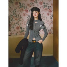 批发LaluneDuCiel 格纹设计<b class='q'>长袖</b>开衫披肩针织衫女套装毛衣<b class='q'>外套</b>秋上衣