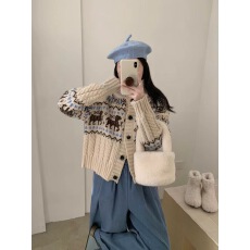 批发<b class='q'>韩国</b>chic秋冬复古温柔风立领单排扣圣诞麋鹿提花长袖针织毛衣外套