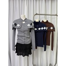 批发LaluneDuCiel 格纹设计长袖开衫披肩针织衫女套装毛衣<b class='q'>外套</b>秋<b class='q'>上衣</b>