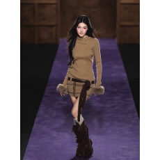 批发AGAM 毛毛袖口高领针织连衣裙冬季新款修身收腰显瘦纯欲气质<b class='q'>短裙</b>