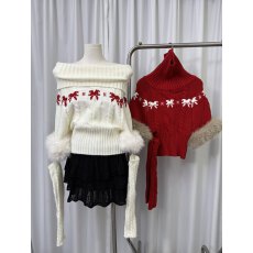 小狗拿鱼fish*圣诞原创新年红毛衣秋冬氛围感显白毛衣一字肩毛领