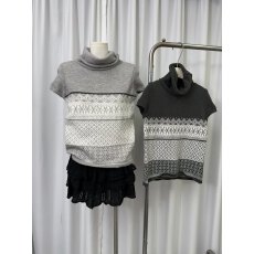 费尔岛复古提花高领毛衣女早春新款高级感气质短袖针织T恤上衣潮