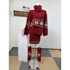 批发颖子定制初雪岛屿慵懒风费尔岛圣诞红毛衣套装女秋冬套裙潮