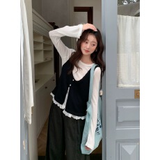 批发日韩系温柔复古<b class='q'>甜美</b>蕾丝花边背心马甲叠穿针织衫两件套潮