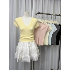 批发2026春<b class='q'>夏</b>新款蕾丝拼接V领设计感弹力修身显瘦百搭短袖针织衫上衣