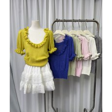 批发韩系氛围木耳边V领针织衫女春<b class='q'>夏</b>薄款微透设计感小众收腰辣妹上衣