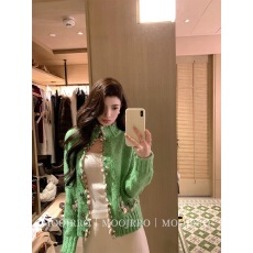 批发绿色高领长袖毛衣外套女秋冬季高级感慵懒风针织开衫宽松显瘦上衣