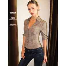 批发PynkiSwear 棕色格纹V领收腰<b class='q'>中袖</b>衬衫高智感修身显瘦衬衣女