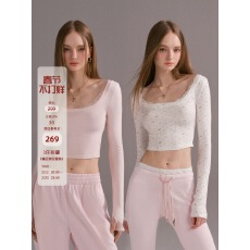 批发Mess Studio 辣妹蕾丝U领露脐上衣修身显瘦内搭短款长袖T恤女春<b class='q'>秋</b>